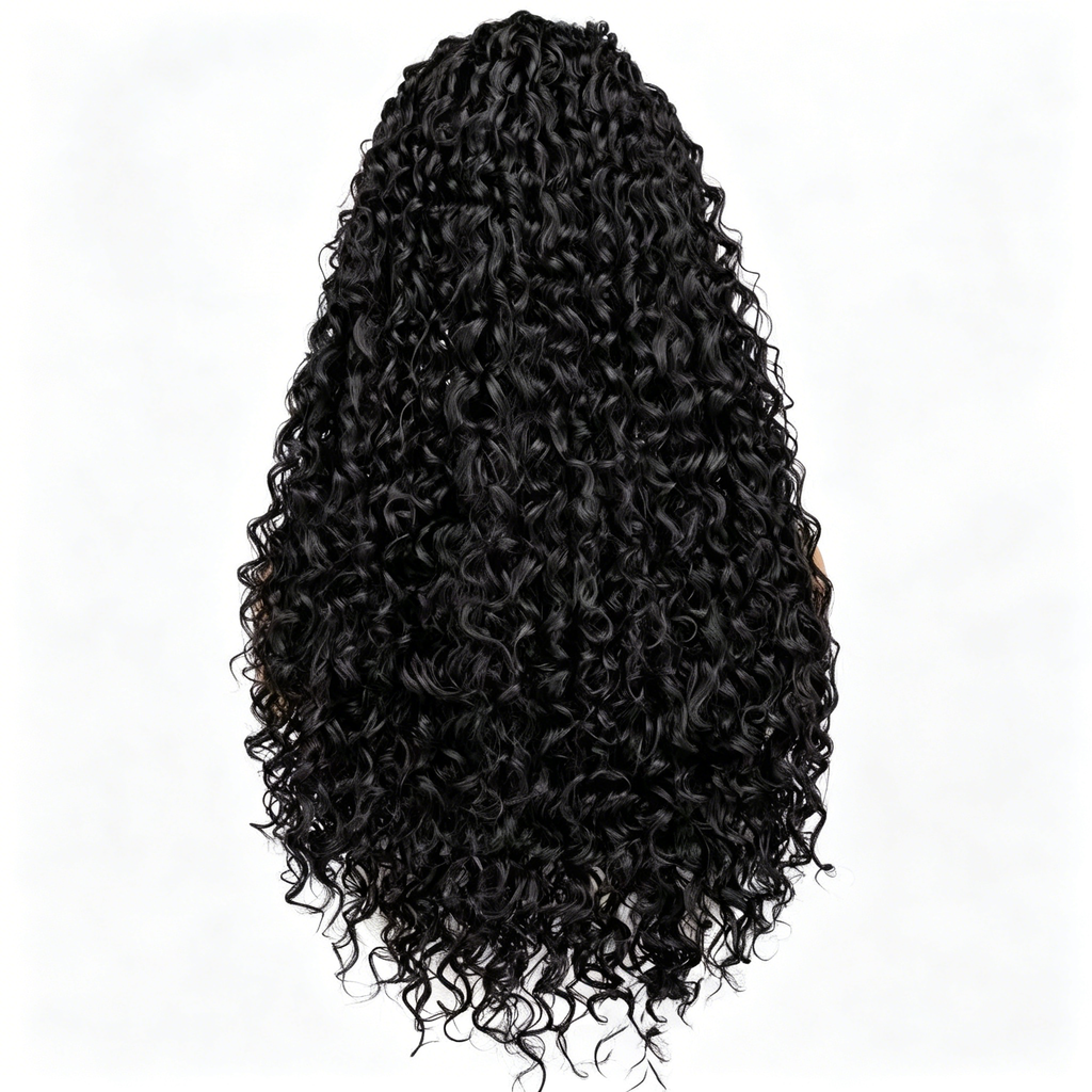 Black Human Hair Wig with Lace Front - Long Middle Part Curly Synthetic/Real Hair - Glueless Daily Wear & Party Wig