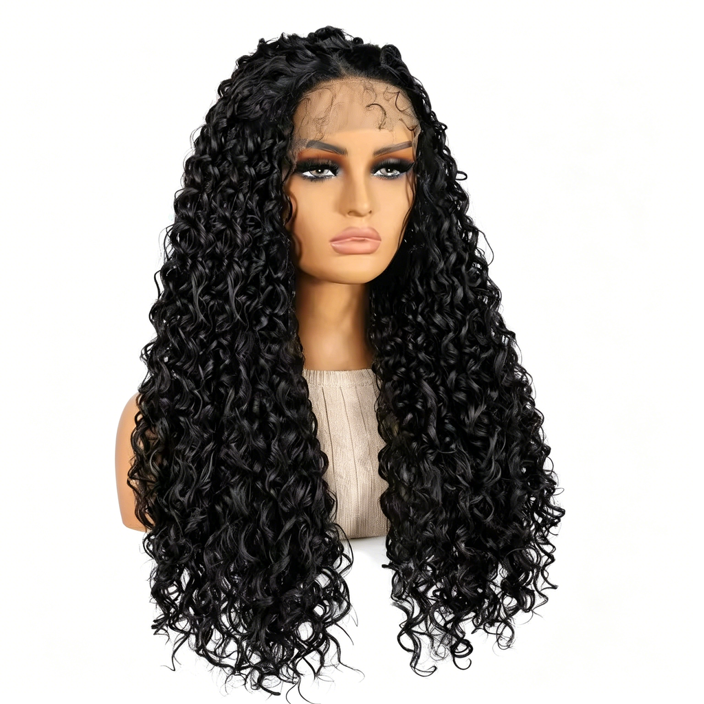 Black Human Hair Wig with Lace Front - Long Middle Part Curly Synthetic/Real Hair - Glueless Daily Wear & Party Wig
