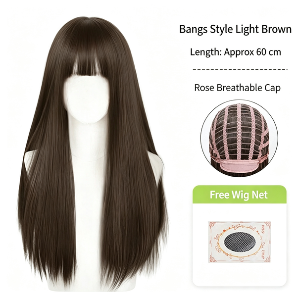 Full Wig with Bangs Dark Brown - Long Straight Synthetic Hair 60cm - Rose Breathable Cap for Women Daily Wear