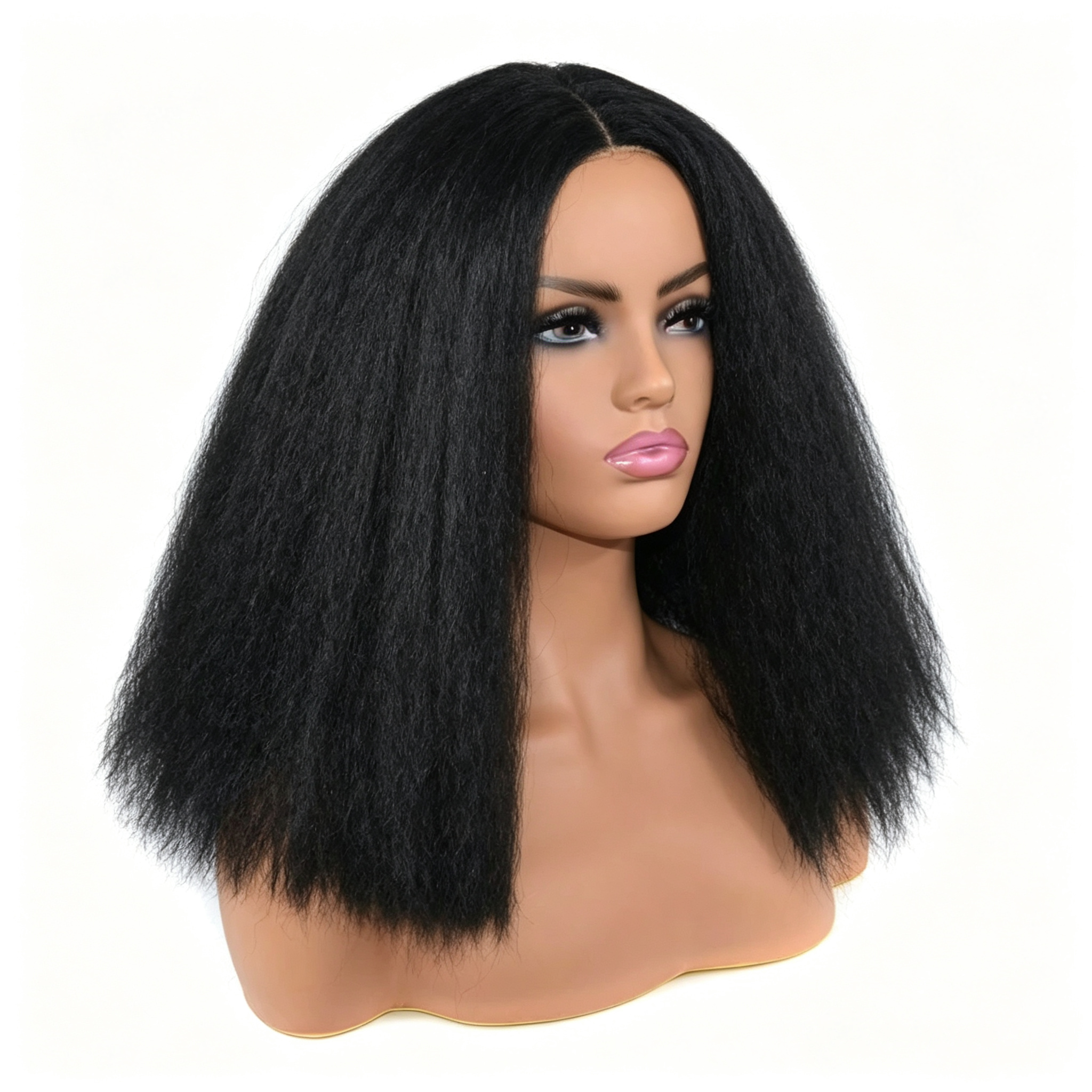 Glueless Kinky Straight Bob Wig - Short Afro Yaki Straight Bob Wig with Middle Part - Natural Black for Black Women