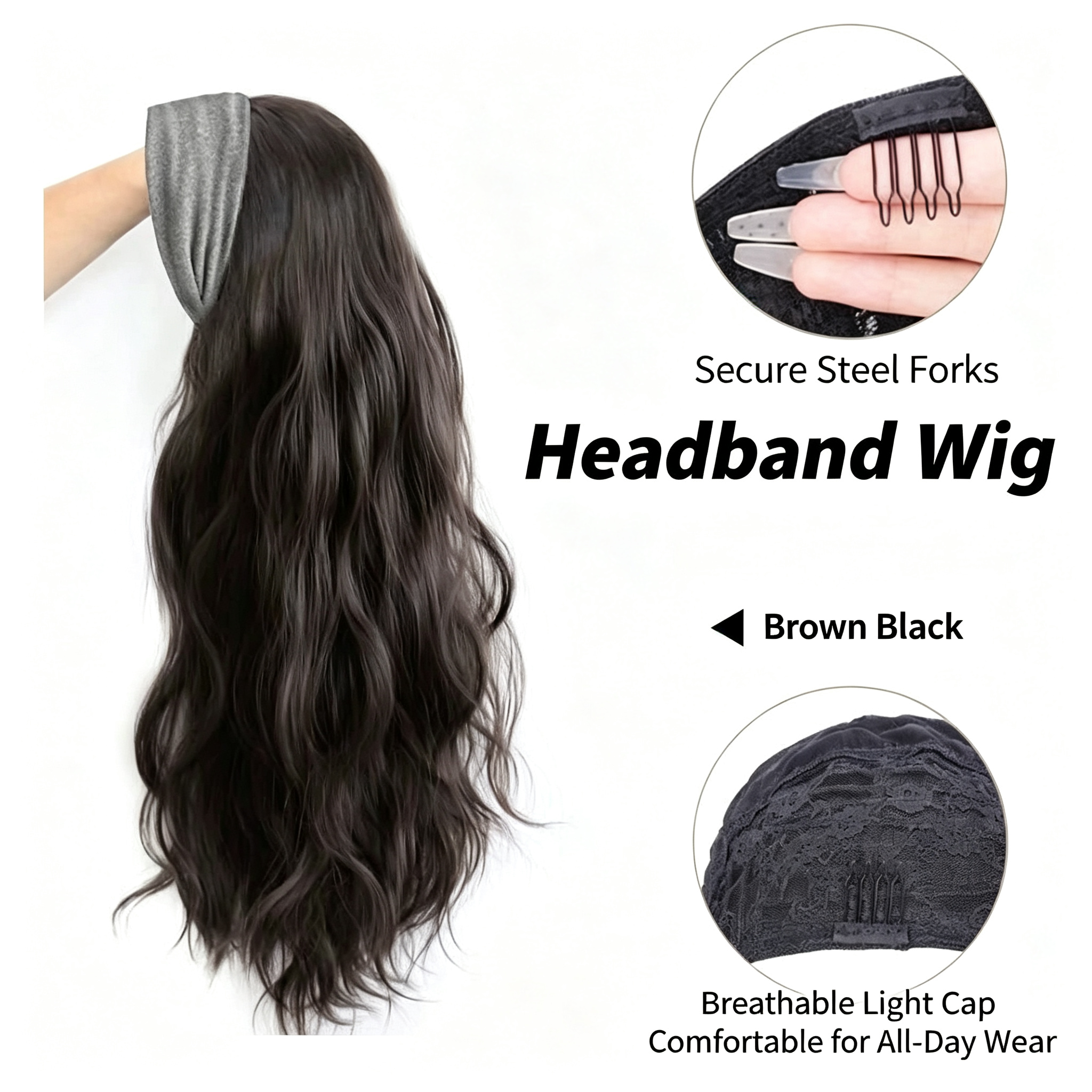 Brown Black Headband Wig - Long Wavy Synthetic Hair - No Glue No Lace Easy Wear for Daily & Party