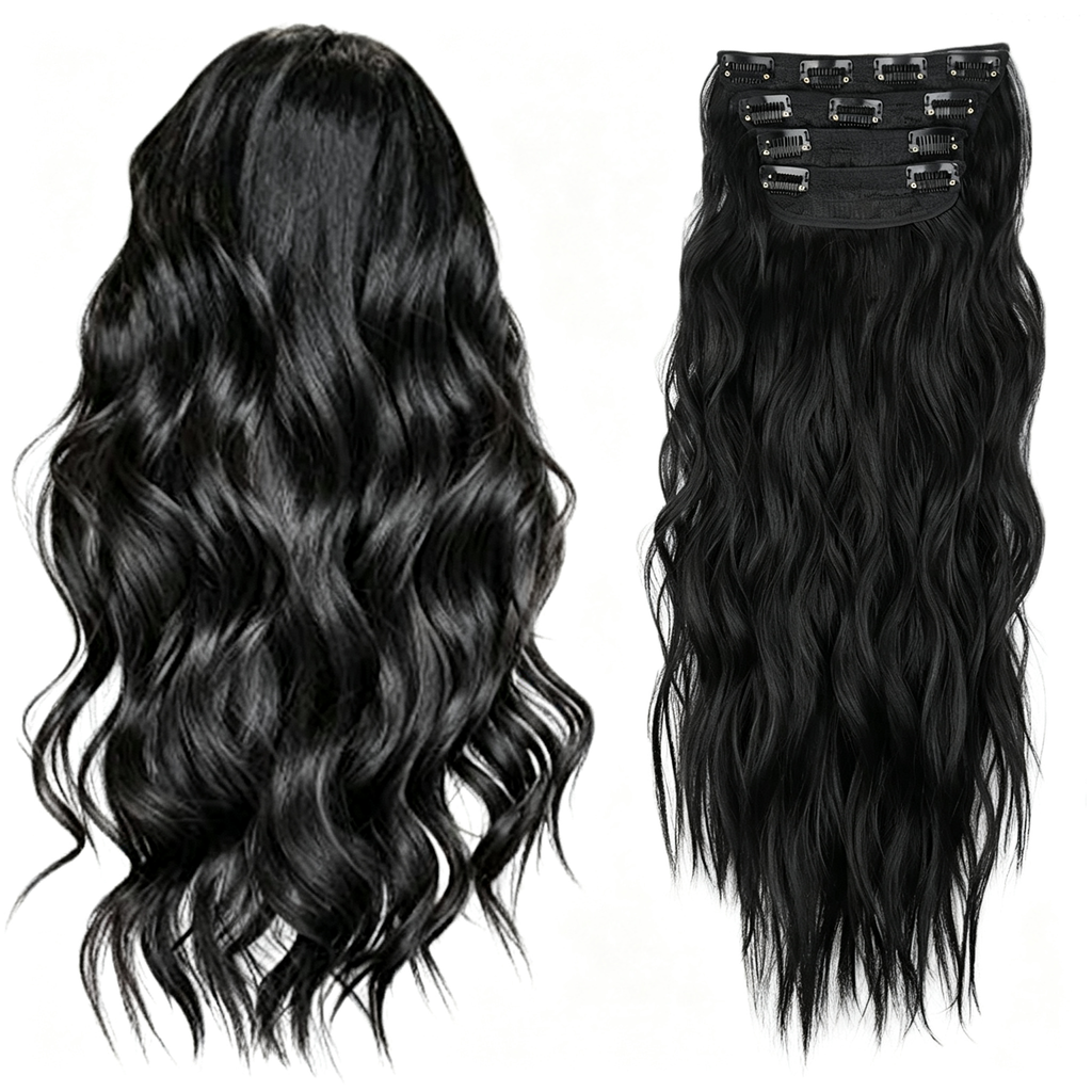 Water Wave Clip in Hair Extensions - Long Body Wave Synthetic Hairpiece - Natural Looking False Hair for Women