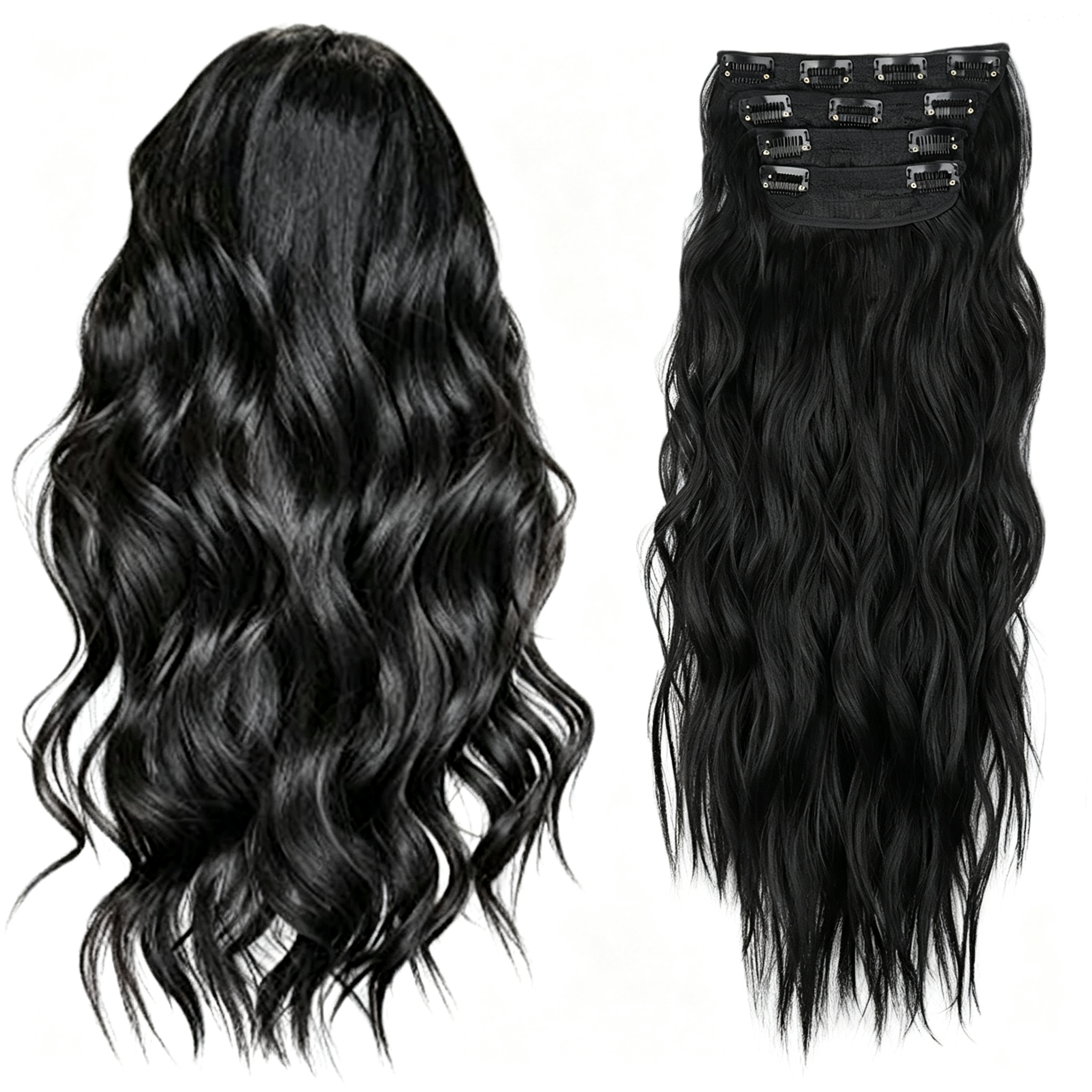 Water Wave Clip in Hair Extensions - Long Body Wave Synthetic Hairpiece - Natural Looking False Hair for Women