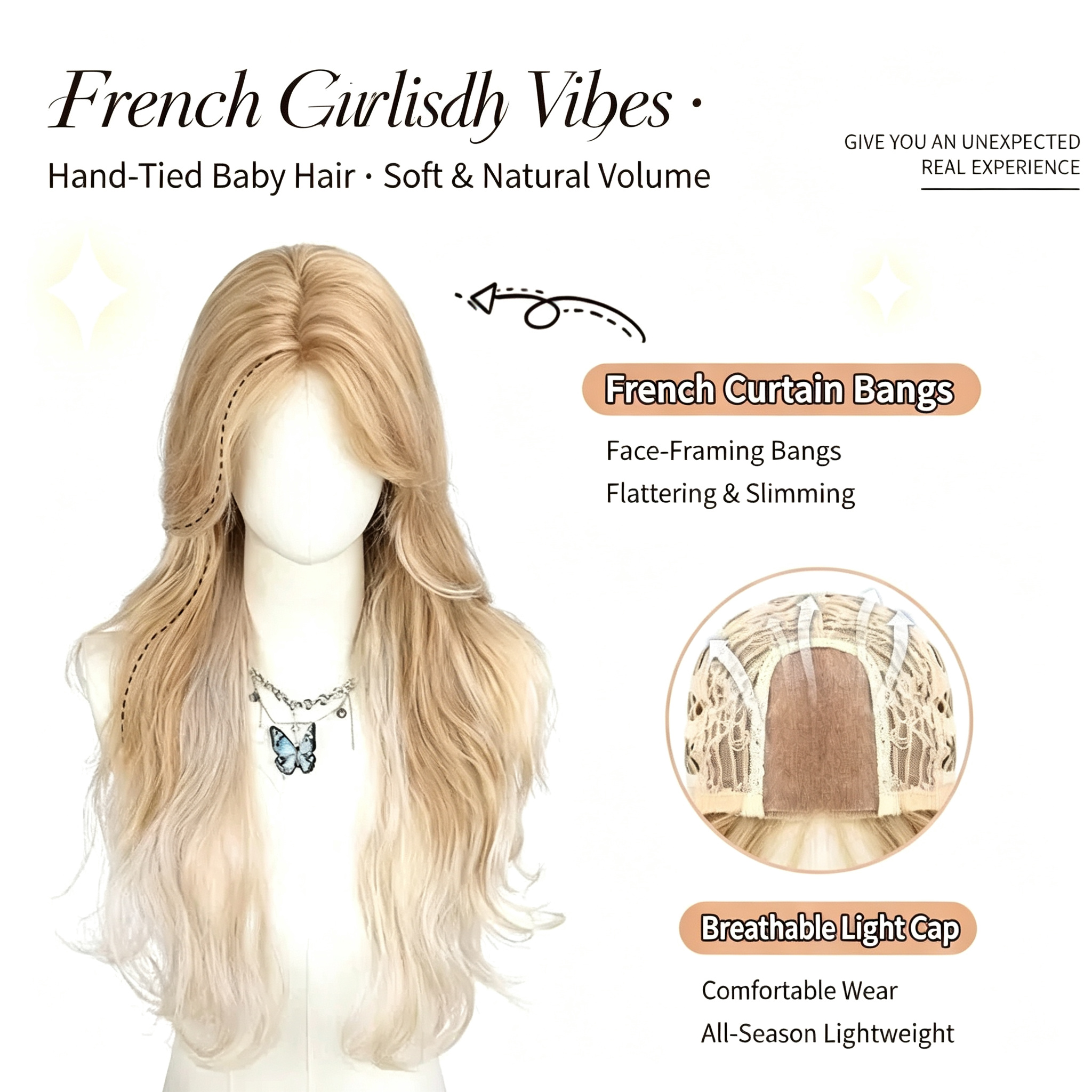 Long Wavy Blonde Wig - Big Water Wave Curly Synthetic Hair - Natural Looking Full Cap for Women