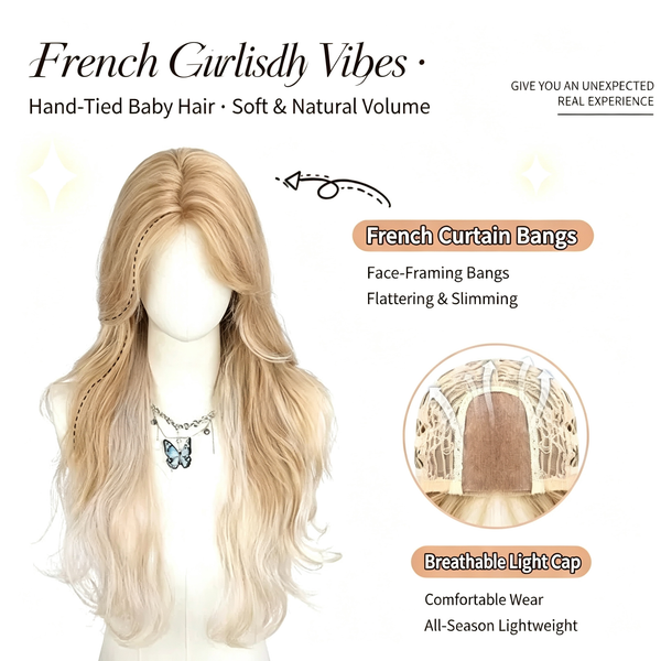Long Wavy Blonde Wig - Big Water Wave Curly Synthetic Hair - Natural Looking Full Cap for Women
