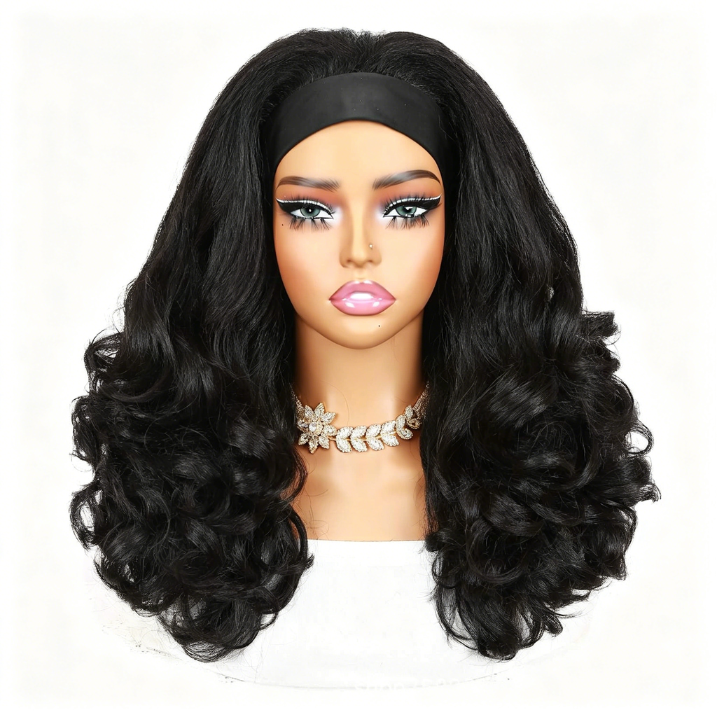 Long Curly Headband Wig Synthetic Hair - Black Body Wave Ice Silk Headband Wigs for Women - Glueless Natural Hairline with Baby Hair