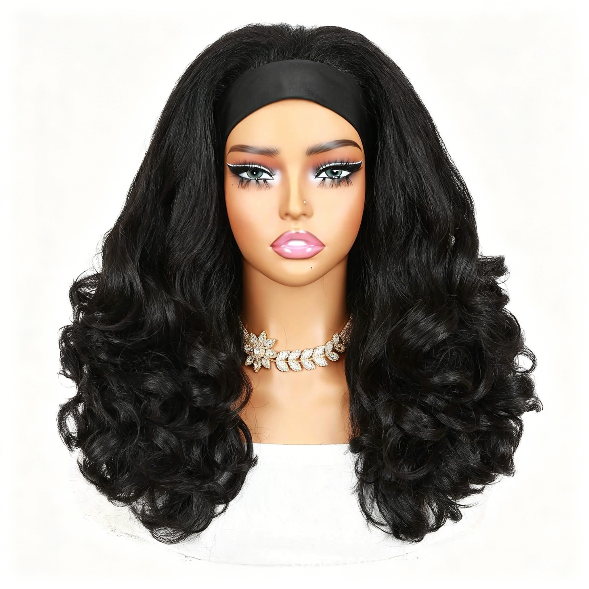 Long Curly Headband Wig Synthetic Hair - Black Body Wave Ice Silk Headband Wigs for Women - Glueless Natural Hairline with Baby Hair