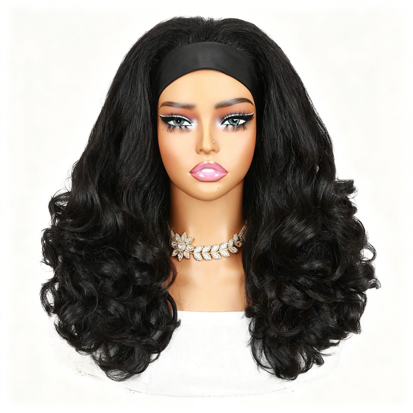 Long Curly Headband Wig Synthetic Hair - Black Body Wave Ice Silk Headband Wigs for Women - Glueless Natural Hairline with Baby Hair