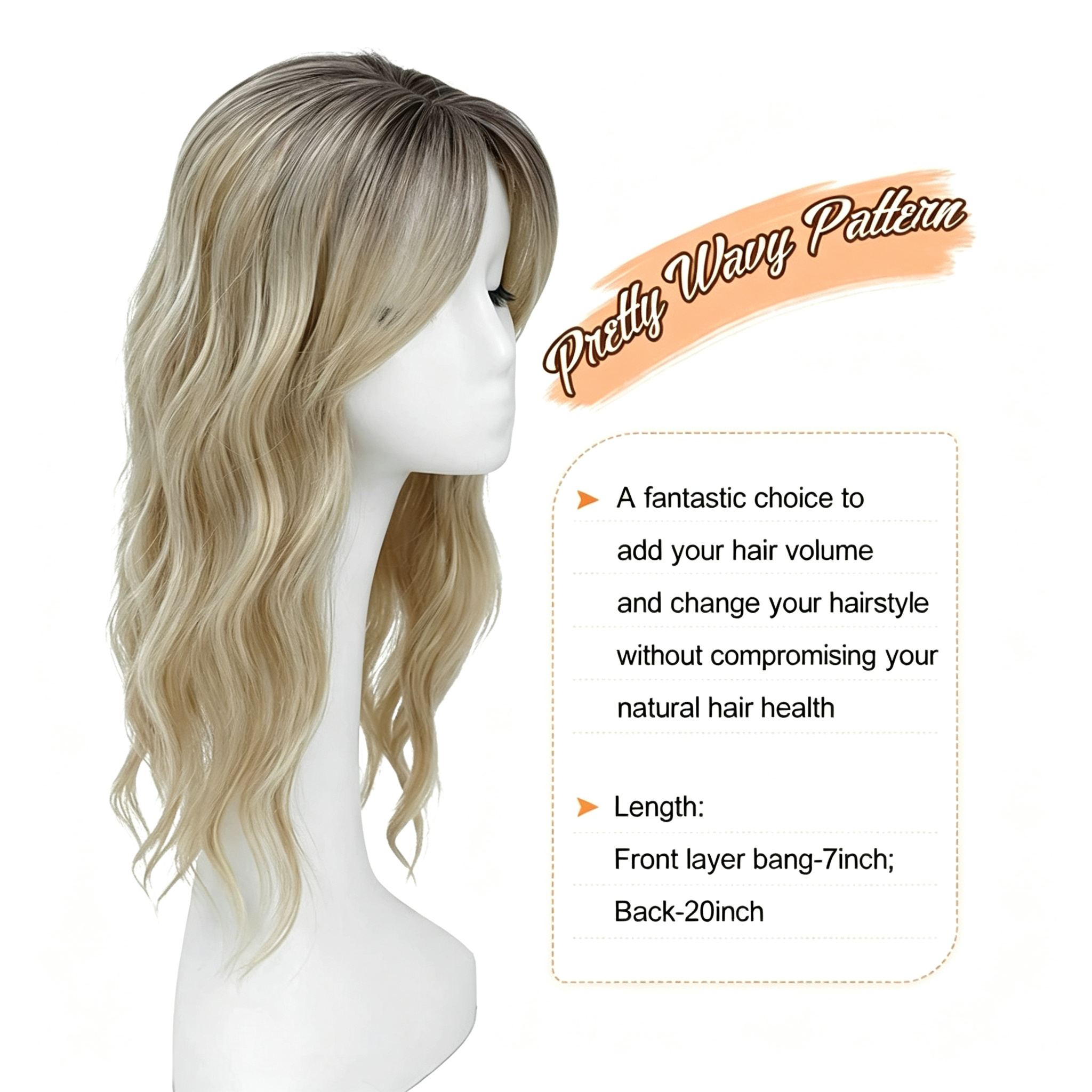 Clip in Hair Extensions with Bangs - Ombre Blonde Wavy Hairpiece - 20 Inch Pretty Wave Pattern Synthetic Hair for Women