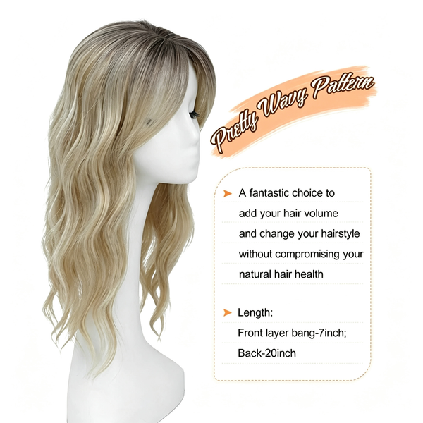 Clip in Hair Extensions with Bangs - Ombre Blonde Wavy Hairpiece - 20 Inch Pretty Wave Pattern Synthetic Hair for Women