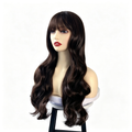 Long Wavy Wig with Bangs - Big Body Wave Synthetic Hair - Dark Brown Natural Looking Wig for Women