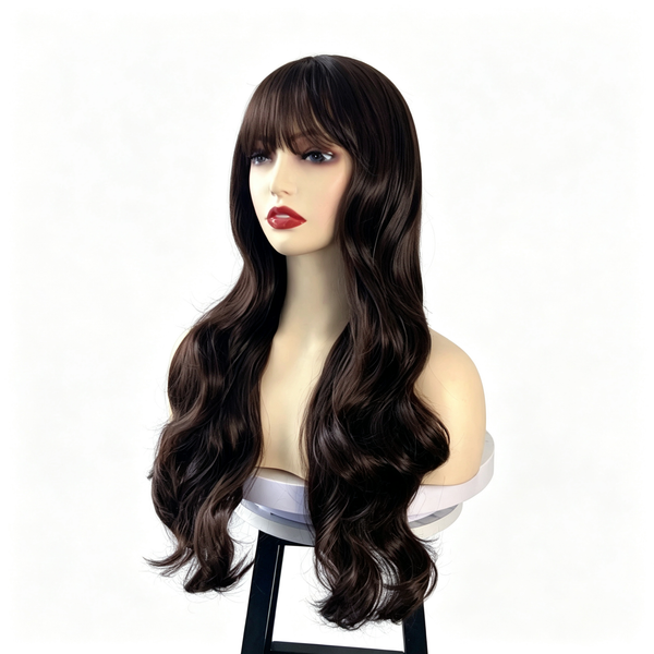 Long Wavy Wig with Bangs - Big Body Wave Synthetic Hair - Dark Brown Natural Looking Wig for Women