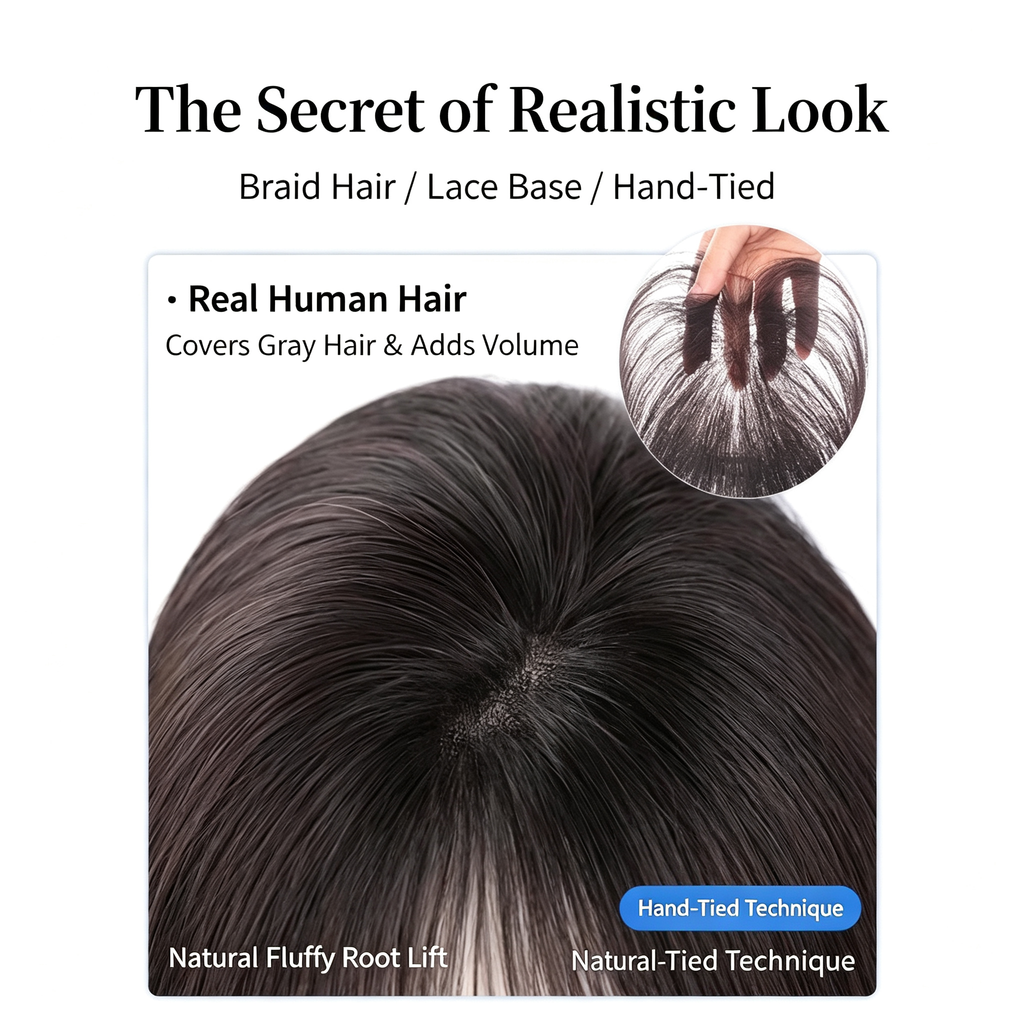Hand-Tied Real Human Hair Topper - Invisible Lace Base Hairpiece - Instant Volume & Gray Hair Coverage
