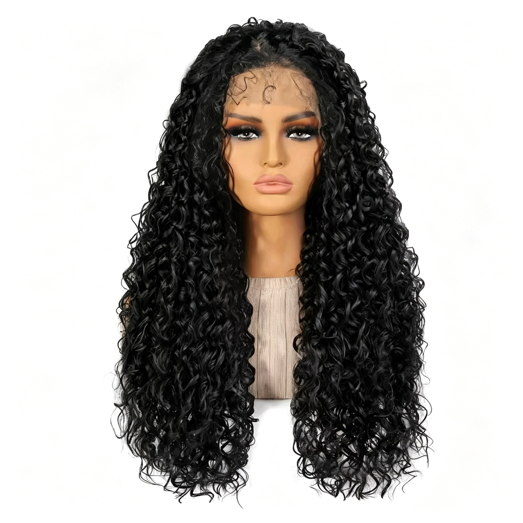 Black Human Hair Wig with Lace Front - Long Middle Part Curly Synthetic/Real Hair - Glueless Daily Wear & Party Wig