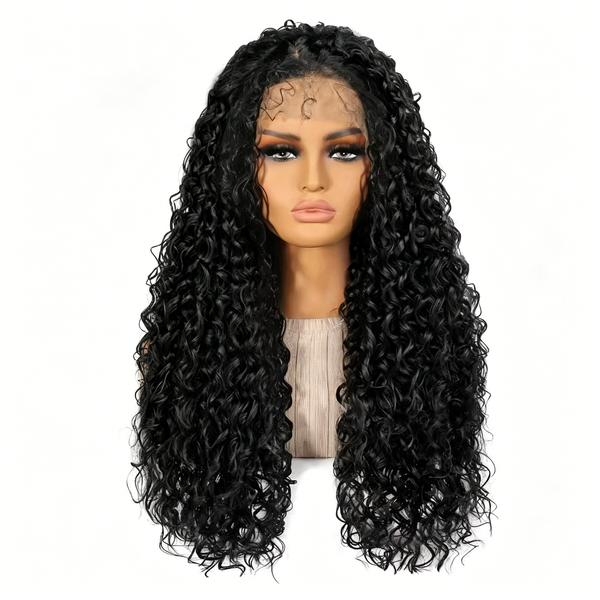 Black Human Hair Wig with Lace Front - Long Middle Part Curly Synthetic/Real Hair - Glueless Daily Wear & Party Wig