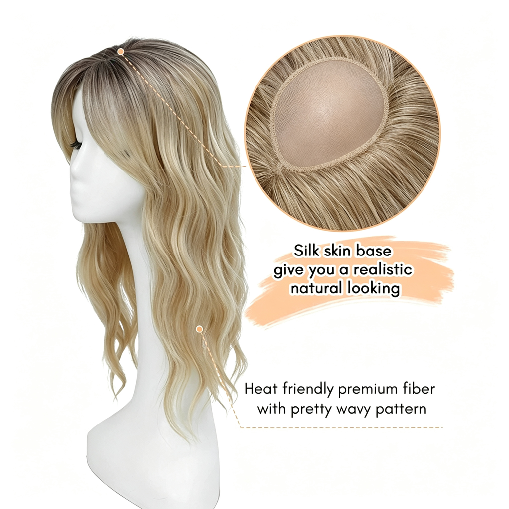 Clip in Hair Extensions with Bangs - Ombre Blonde Wavy Hairpiece - 20 Inch Pretty Wave Pattern Synthetic Hair for Women