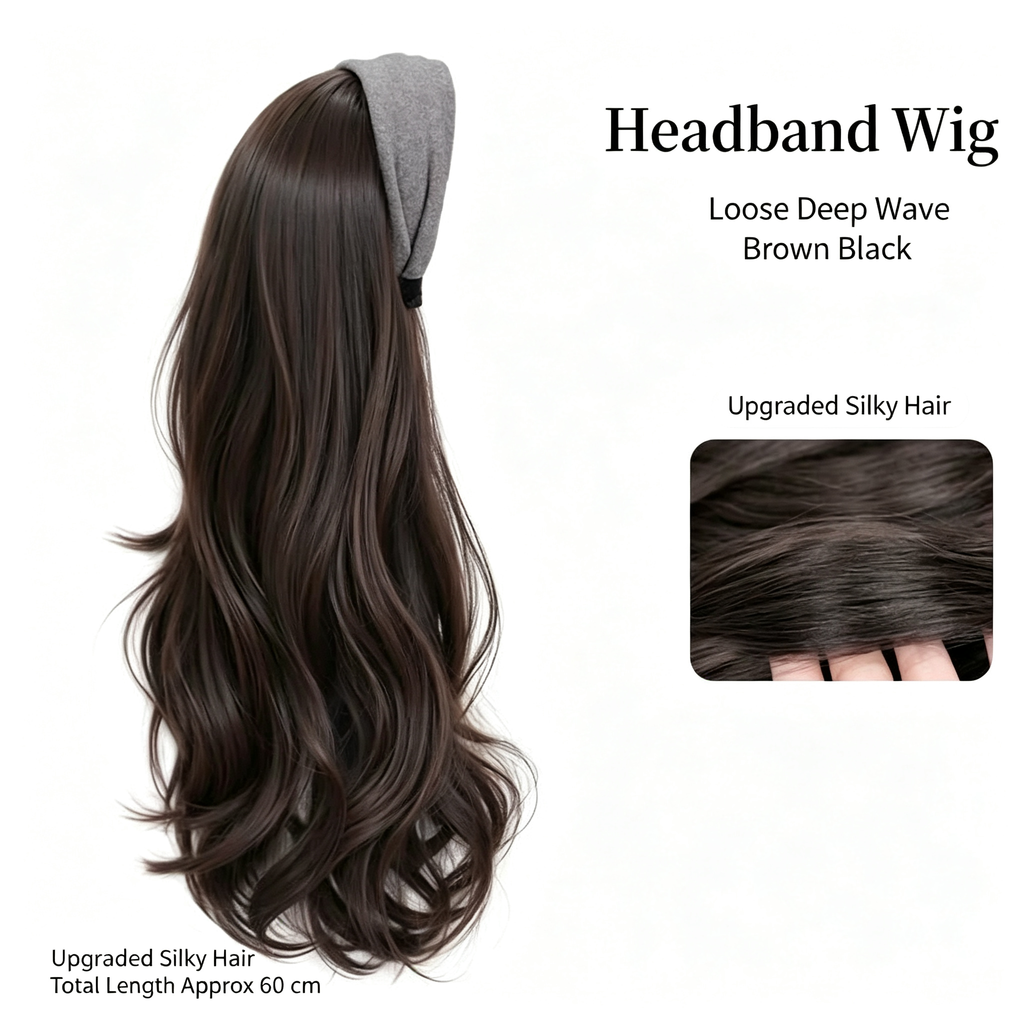 Brown Black Headband Wig - Long Wavy Synthetic Hair - No Glue No Lace Easy Wear for Daily & Party