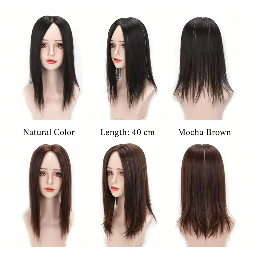 Medium Length Straight Wig 40cm - Middle Part Layered Synthetic Hair Wig - Natural Color & Mocha Brown for Women
