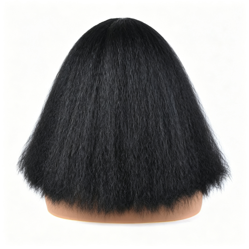 Glueless Kinky Straight Bob Wig - Short Afro Yaki Straight Bob Wig with Middle Part - Natural Black for Black Women