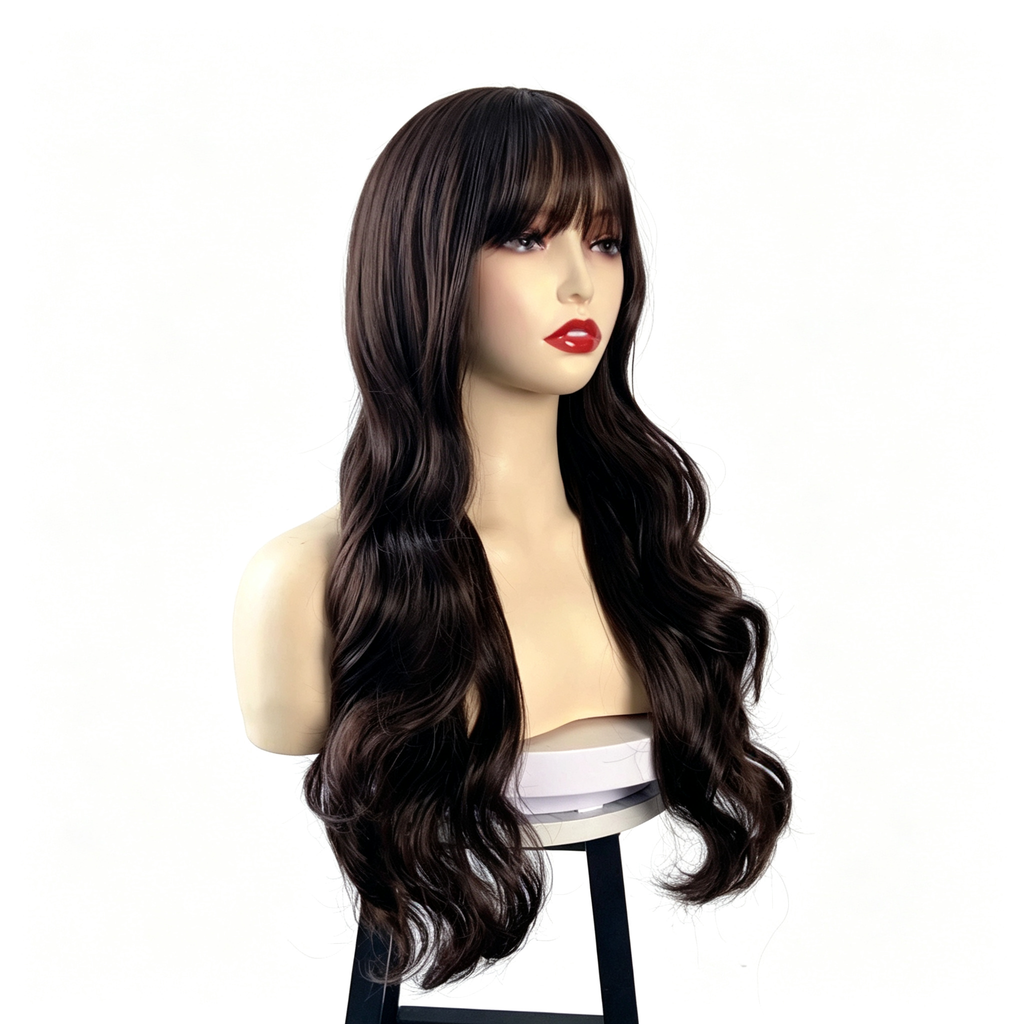 Long Wavy Wig with Bangs - Big Body Wave Synthetic Hair - Dark Brown Natural Looking Wig for Women