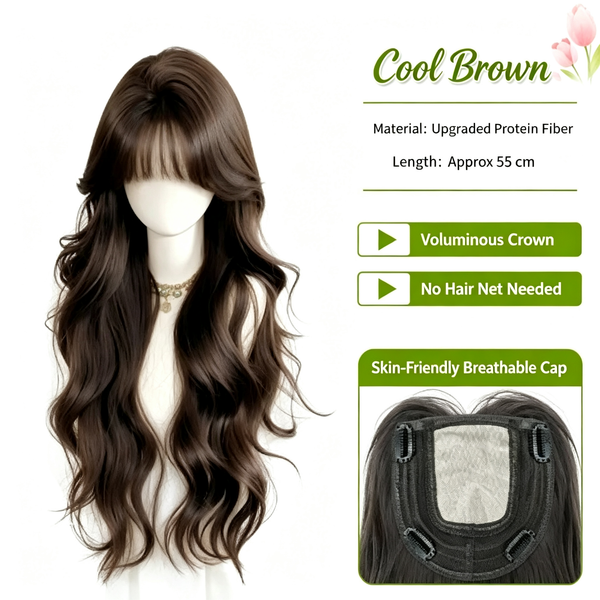 Clip In Hair Topper Wig Cool Brown - Big Wavy Voluminous Crown - Upgraded Protein Fiber 55cm No Hair Net Needed