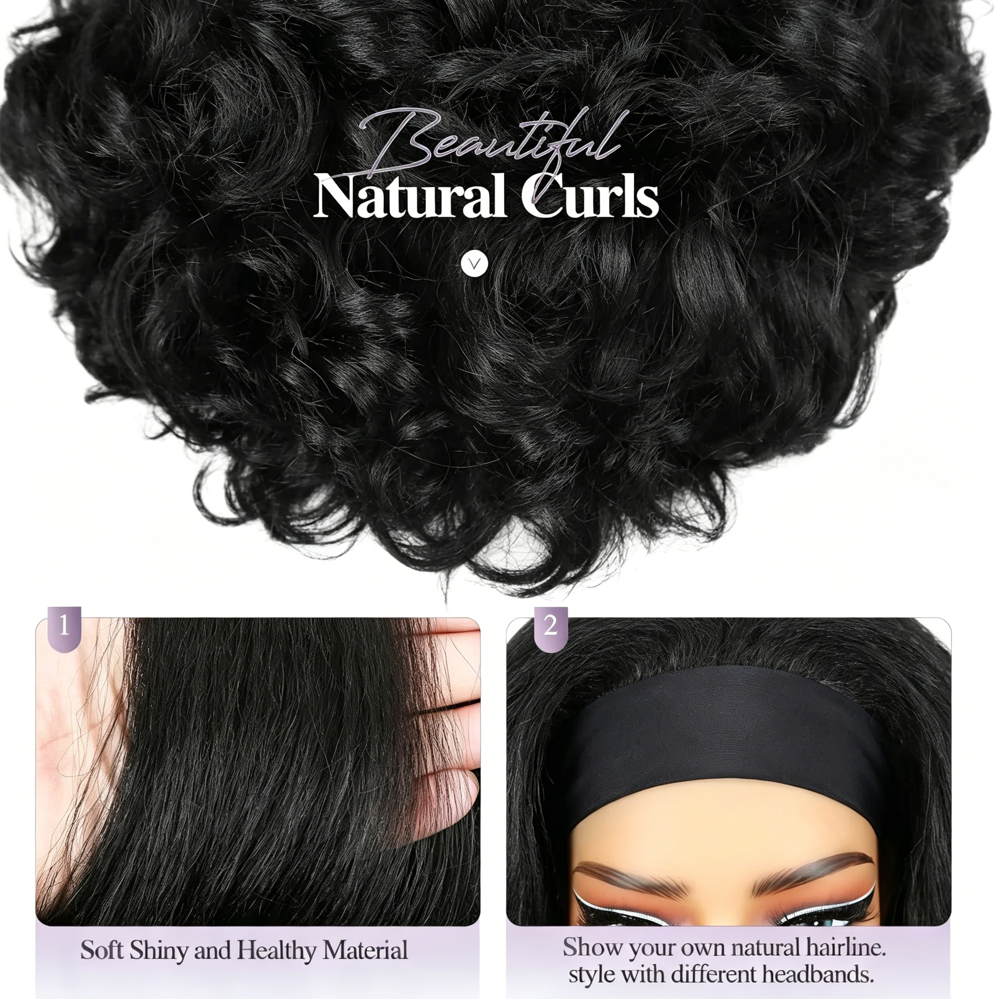 Long Curly Headband Wig Synthetic Hair - Black Body Wave Ice Silk Headband Wigs for Women - Glueless Natural Hairline with Baby Hair