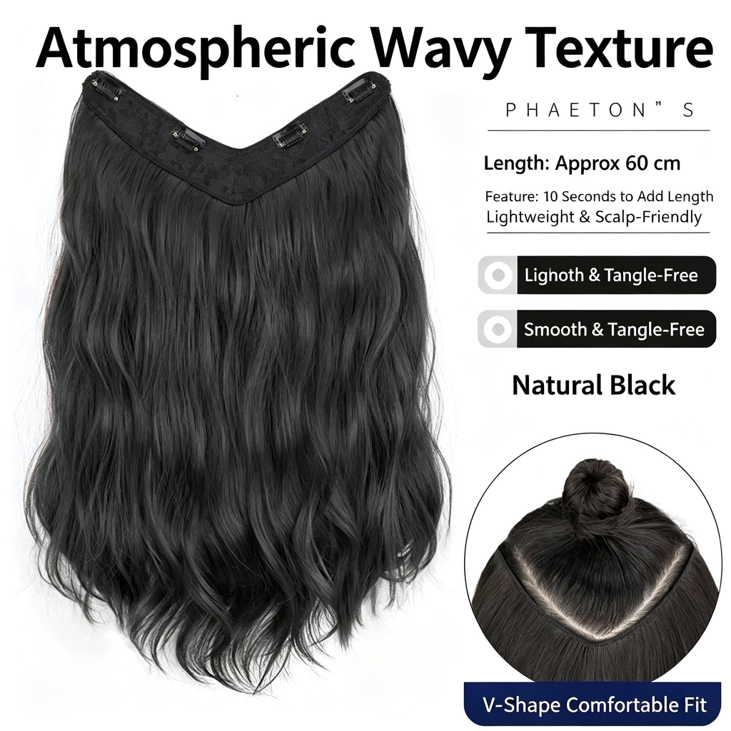 V-Shape Halo Hair Extensions - Atmospheric Wavy Texture - 60cm Synthetic Hairpiece for Women