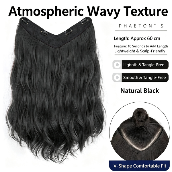 V-Shape Halo Hair Extensions - Atmospheric Wavy Texture - 60cm Synthetic Hairpiece for Women