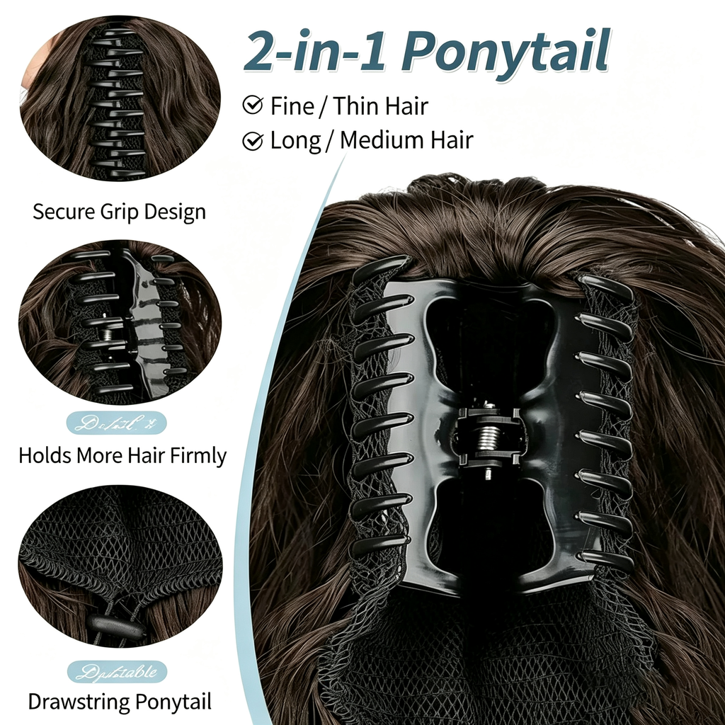 Curly Ponytail Extension with Claw Clip - Water Wave Long Curly Hairpiece - Natural Black Synthetic Hair for Women