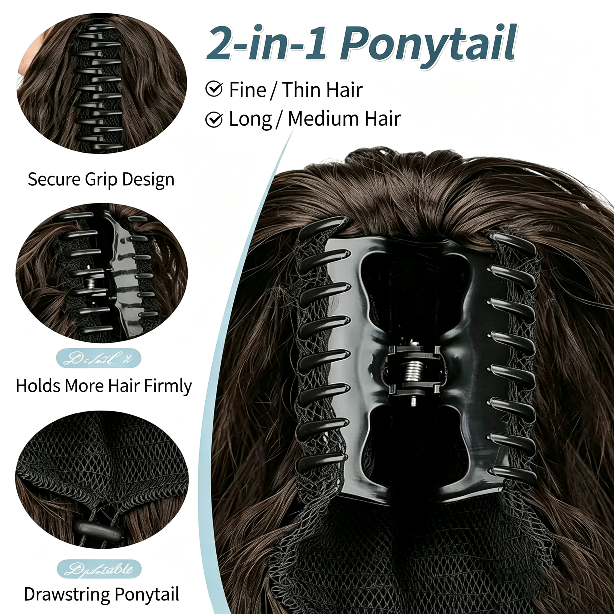Curly Ponytail Extension with Claw Clip - Water Wave Long Curly Hairpiece - Natural Black Synthetic Hair for Women