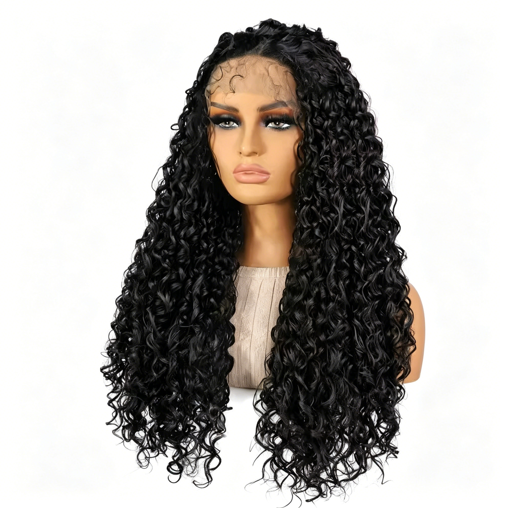 Black Human Hair Wig with Lace Front - Long Middle Part Curly Synthetic/Real Hair - Glueless Daily Wear & Party Wig