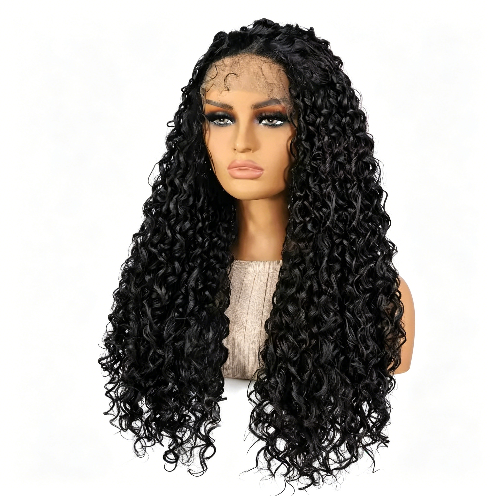 Black Human Hair Wig with Lace Front - Long Middle Part Curly Synthetic/Real Hair - Glueless Daily Wear & Party Wig