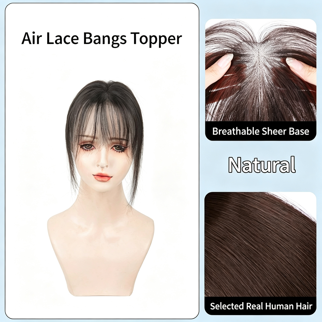 Hand-Tied Real Human Hair Topper - Invisible Lace Base Hairpiece - Instant Volume & Gray Hair Coverage