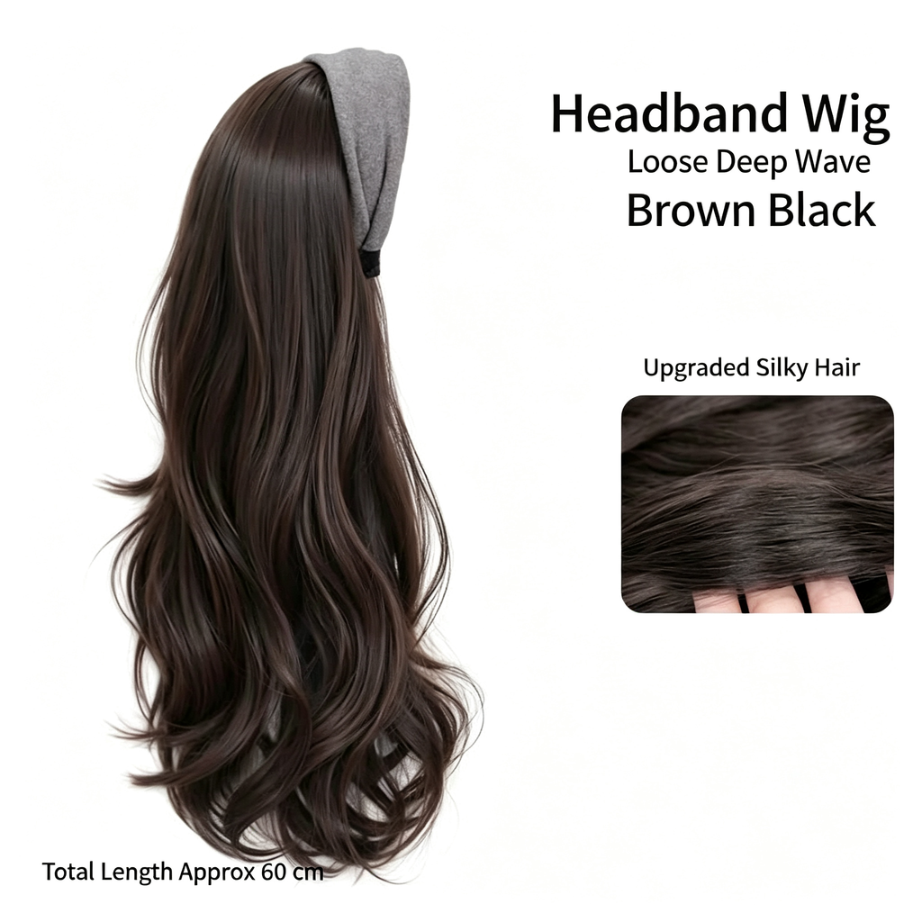 Brown Black Headband Wig - Long Wavy Synthetic Hair - No Glue No Lace Easy Wear for Daily & Party
