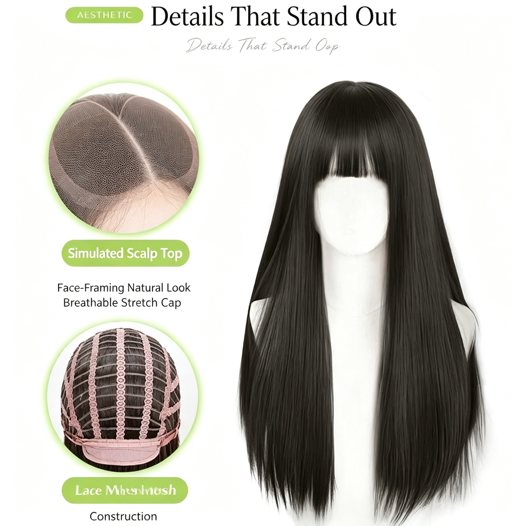Full Wig with Bangs Dark Brown - Long Straight Synthetic Hair 60cm - Rose Breathable Cap for Women Daily Wear