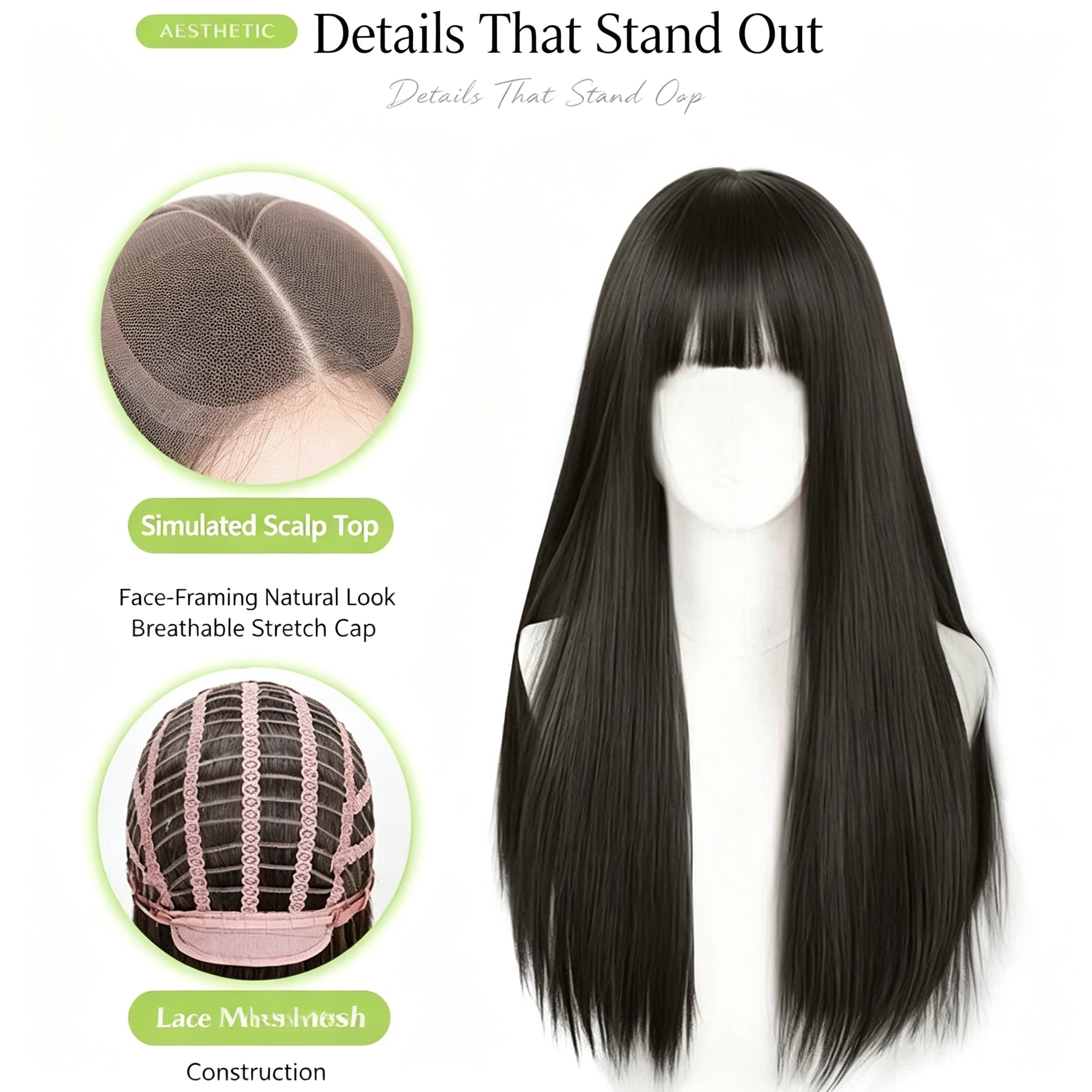 Full Wig with Bangs Dark Brown - Long Straight Synthetic Hair 60cm - Rose Breathable Cap for Women Daily Wear