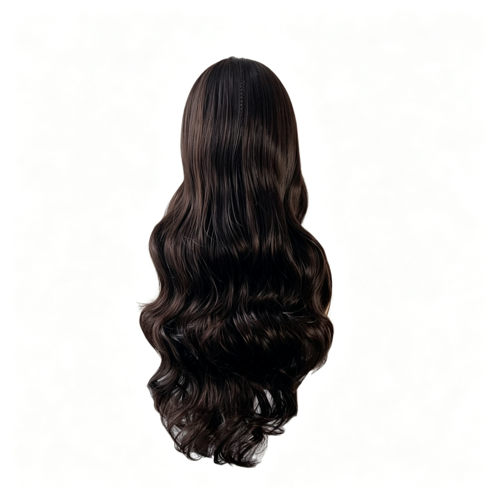 Long Wavy Wig with Bangs - Big Body Wave Synthetic Hair - Dark Brown Natural Looking Wig for Women
