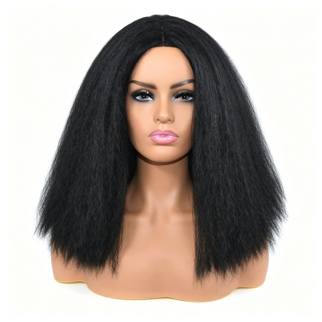 Glueless Kinky Straight Bob Wig - Short Afro Yaki Straight Bob Wig with Middle Part - Natural Black for Black Women