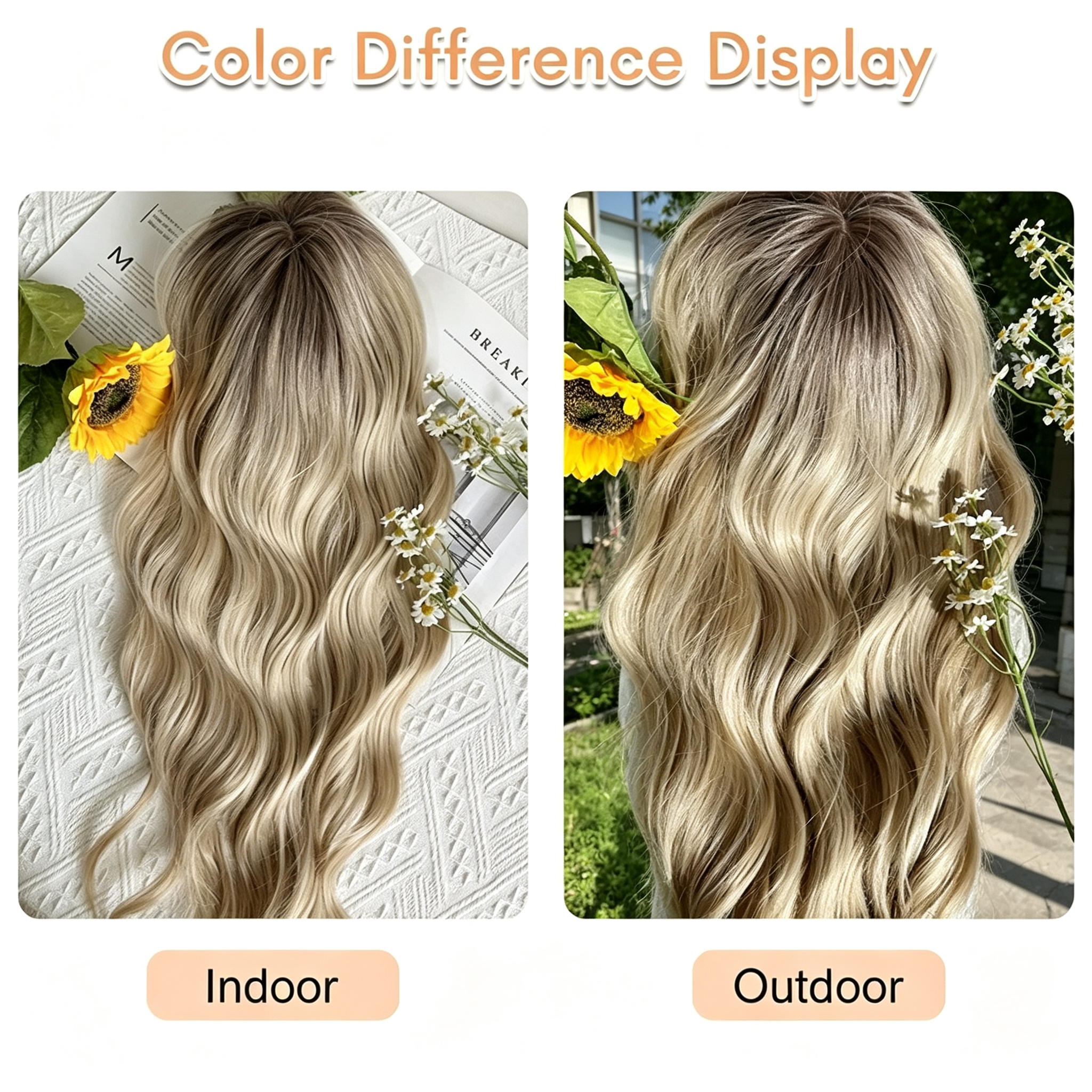 Clip in Hair Extensions with Bangs - Ombre Blonde Wavy Hairpiece - 20 Inch Pretty Wave Pattern Synthetic Hair for Women