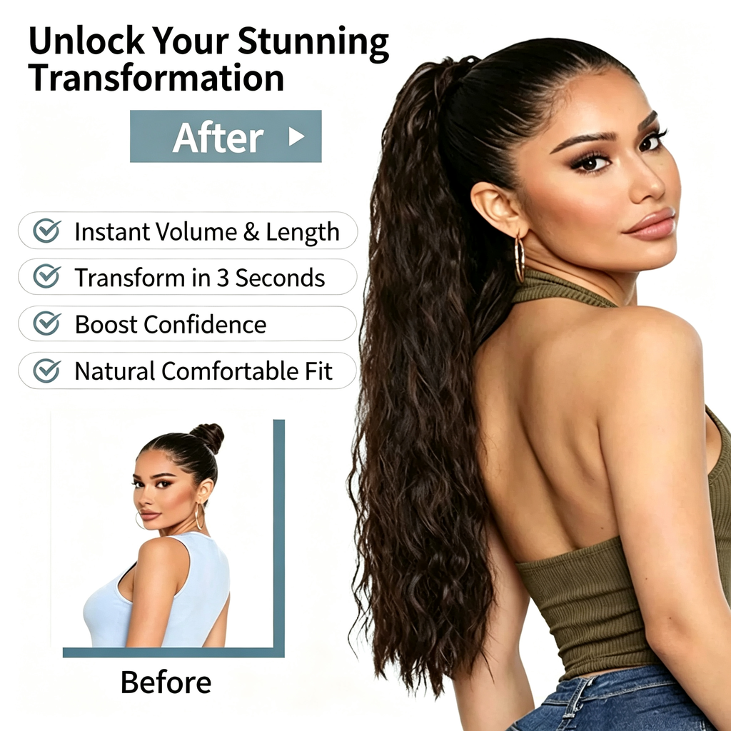 Curly Ponytail Extension with Claw Clip - Water Wave Long Curly Hairpiece - Natural Black Synthetic Hair for Women