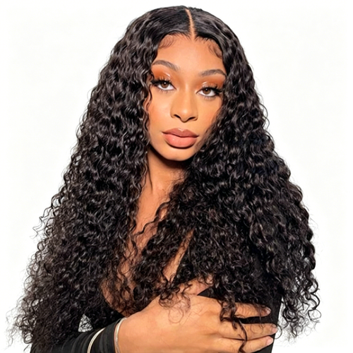 Black Human Hair Wig with Lace Front - Long Middle Part Curly Synthetic/Real Hair - Glueless Daily Wear & Party Wig