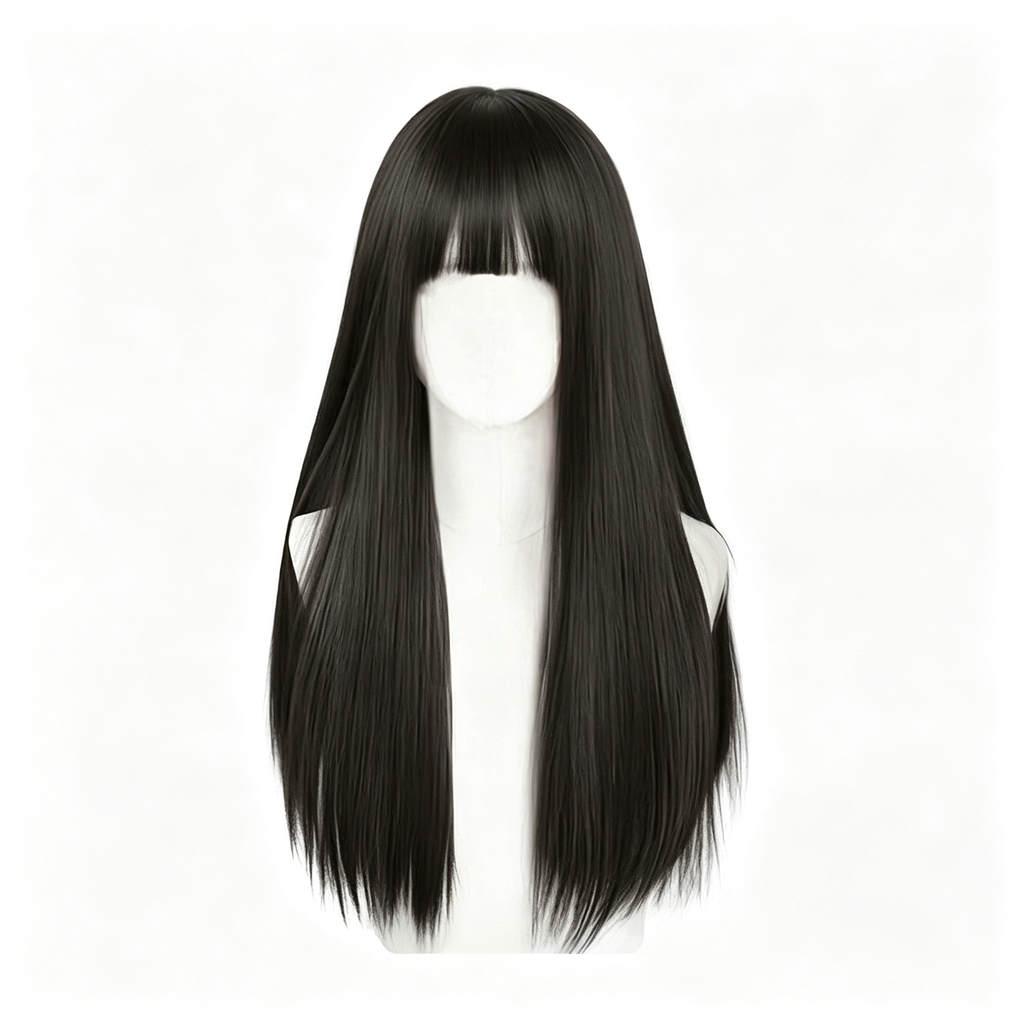 Full Wig with Bangs Dark Brown - Long Straight Synthetic Hair 60cm - Rose Breathable Cap for Women Daily Wear