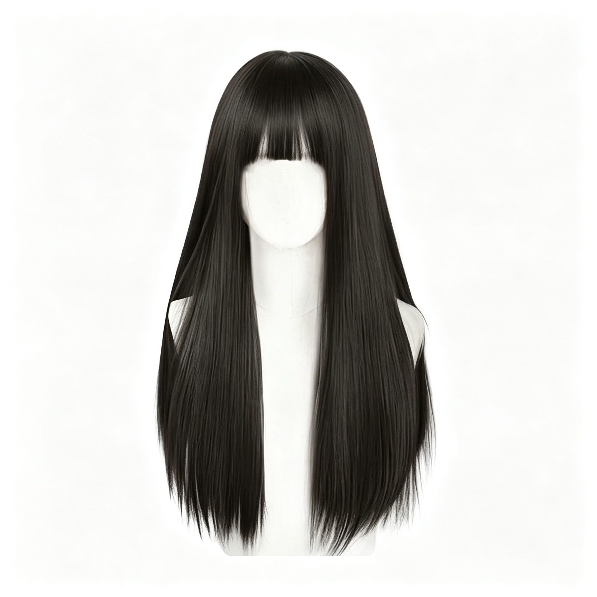 Full Wig with Bangs Dark Brown - Long Straight Synthetic Hair 60cm - Rose Breathable Cap for Women Daily Wear