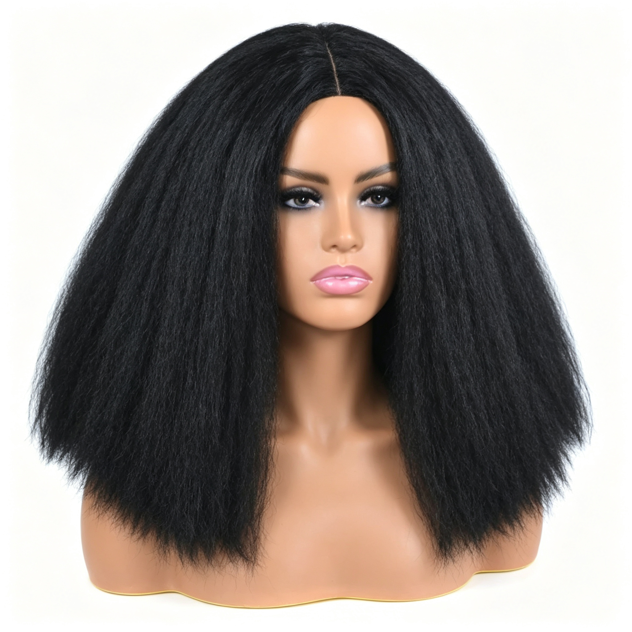 Glueless Kinky Straight Bob Wig - Short Afro Yaki Straight Bob Wig with Middle Part - Natural Black for Black Women