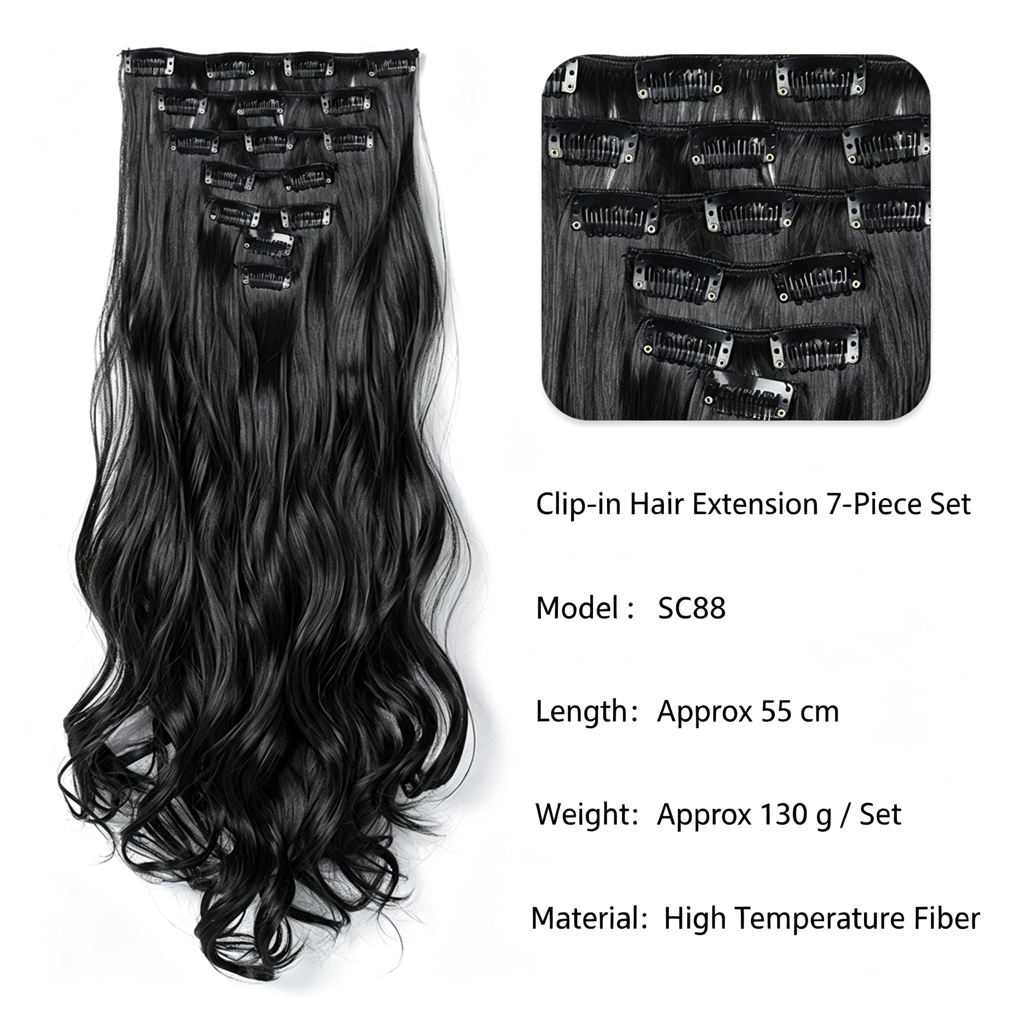 Clip in Hair Extensions Full Head Set - Big Wavy Curly Synthetic Hair - Jet Black 1# for Women