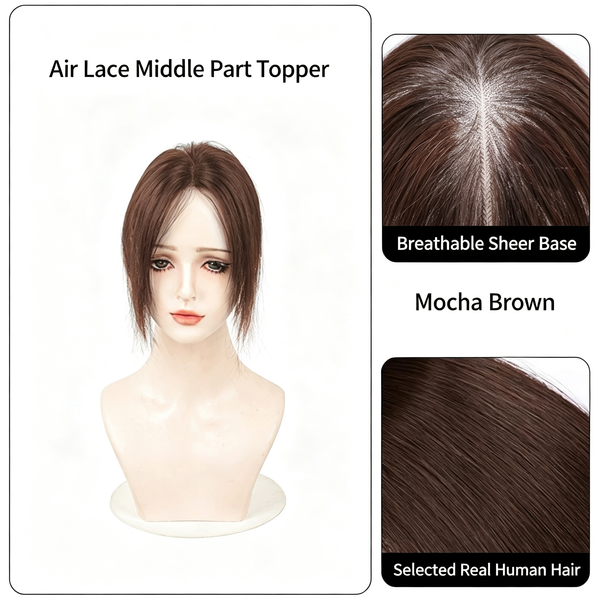 Hand-Tied Real Human Hair Topper - Invisible Lace Base Hairpiece - Instant Volume & Gray Hair Coverage