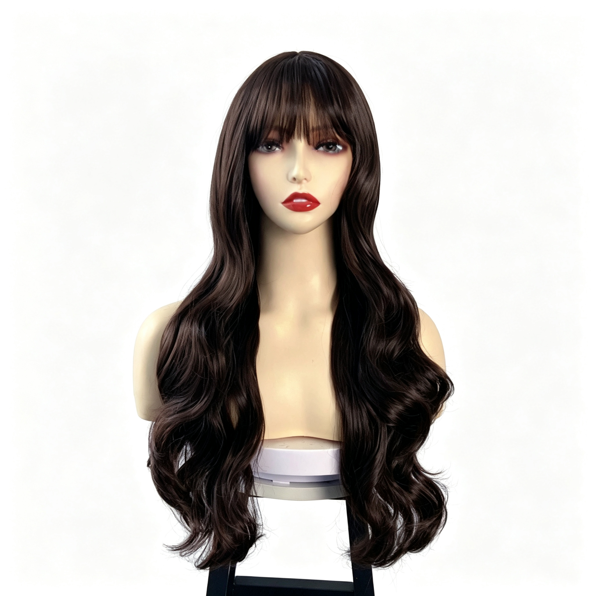 Long Wavy Wig with Bangs - Big Body Wave Synthetic Hair - Dark Brown Natural Looking Wig for Women