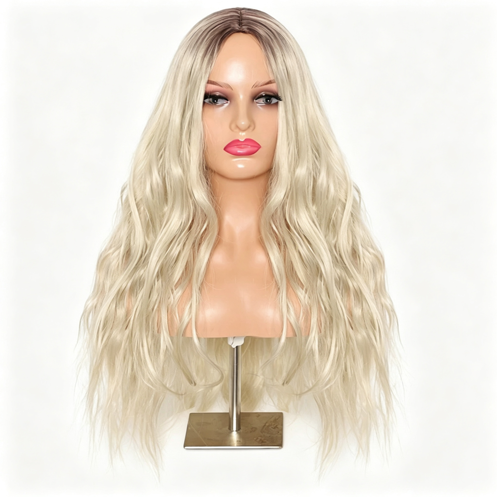Ombre Blonde Long Wavy Wig - Big Body Wave Synthetic Hair - Heat Resistant Fiber for Women