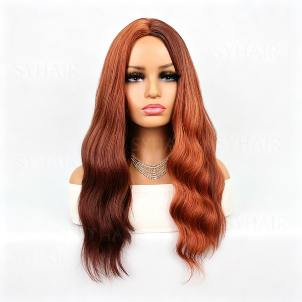 Simulated Scalp Body Wave Wig - Water Wave Ombre Color - Realistic Scalp Top Long Wavy Synthetic Hair for Women