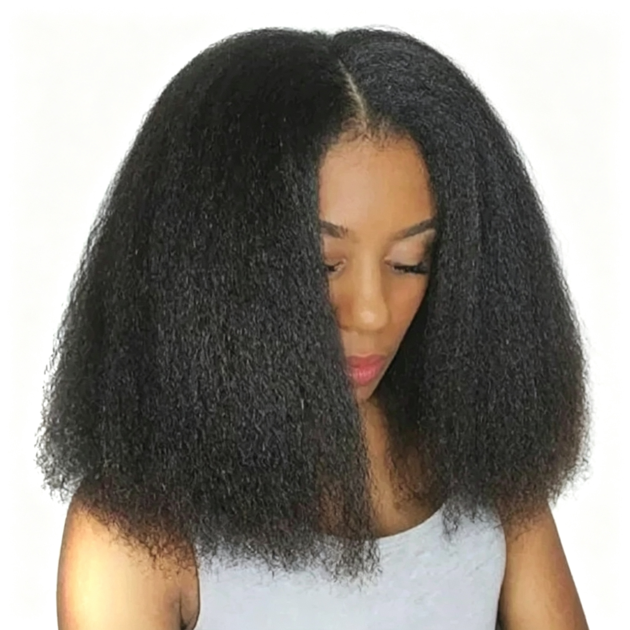 Glueless Kinky Straight Bob Wig - Short Afro Yaki Straight Bob Wig with Middle Part - Natural Black for Black Women